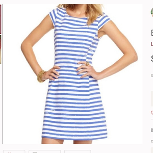LILLY PULITZER Iris Blue White‎ Striped Briella Fit Flare S/s Dress SZ LG